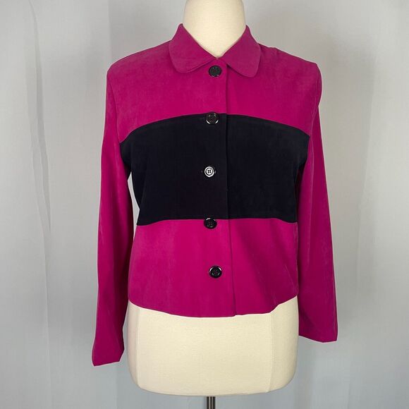Vintage Blazer Jacket Womens Size 14 Hot Pink Black Stripe Cropped Suede 90s Y2K - Picture 1 of 13